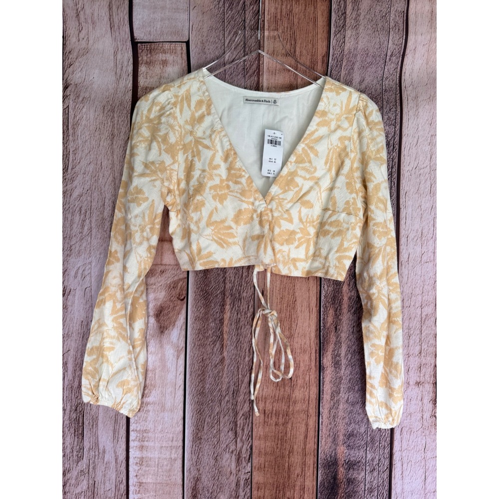 Abercrombie & Fitch Crop Top Tie Front Linen Blend Floral Tropical Beachy XS NWT